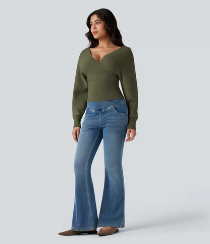 V-neck Batwing Long Sleeve Cut-out Casual Sweater
