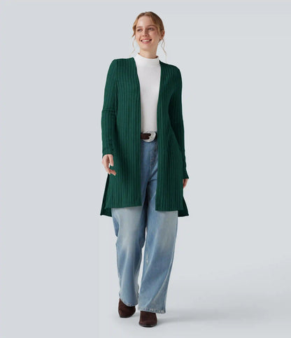 Ribbed Knit Long Sleeve Split Casual Cardigan