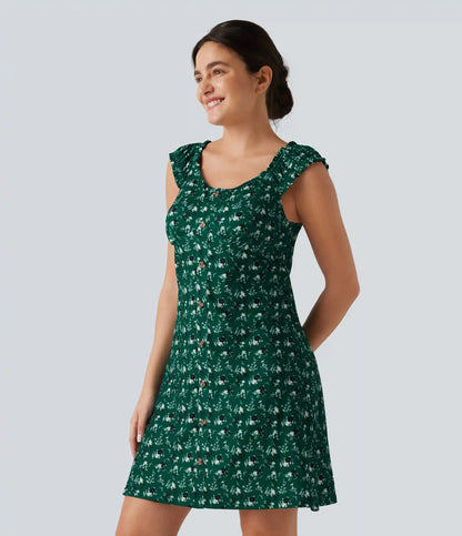 U-Neck Sleeveless Frill Ditsy Floral Built-in Bra Mini A-Line Resort Dress
