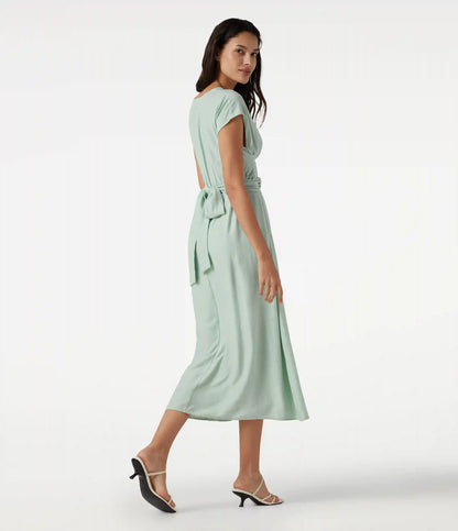 V Neck Short Sleeve Tie Back Midi Casual Linen-Blend Flowy Dress with Pockets