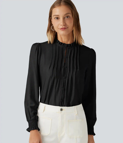 Ruffled Mock Neck Pleated Puff Long Sleeve Work Blouse