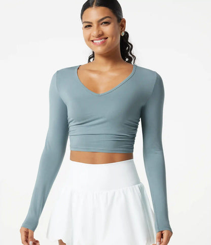 V Neck Long Sleeve Cropped Casual T-Shirt