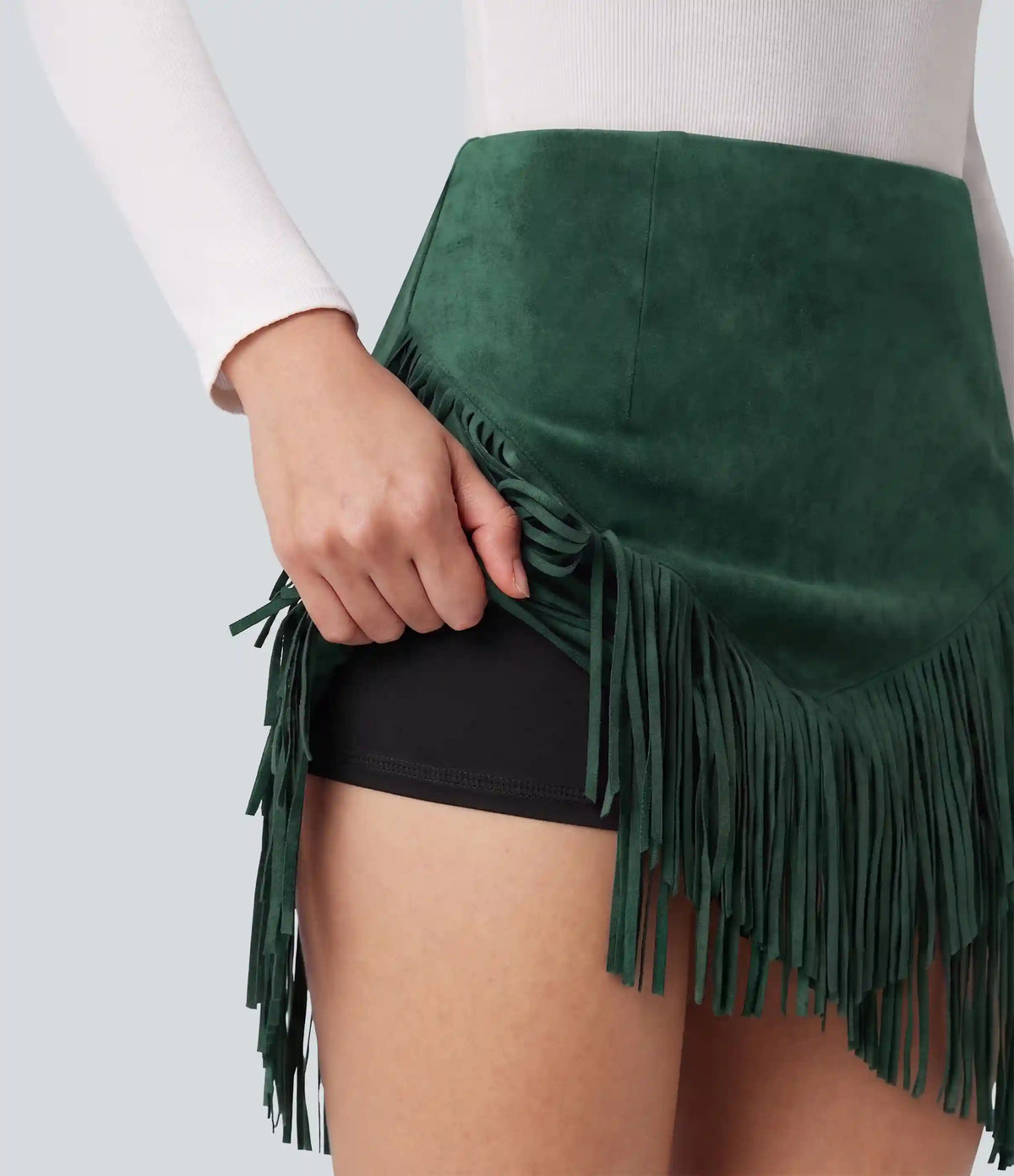 High Waisted 2-in-1 Fringe Hem Bodycon Mini Suede Casual Skirt
