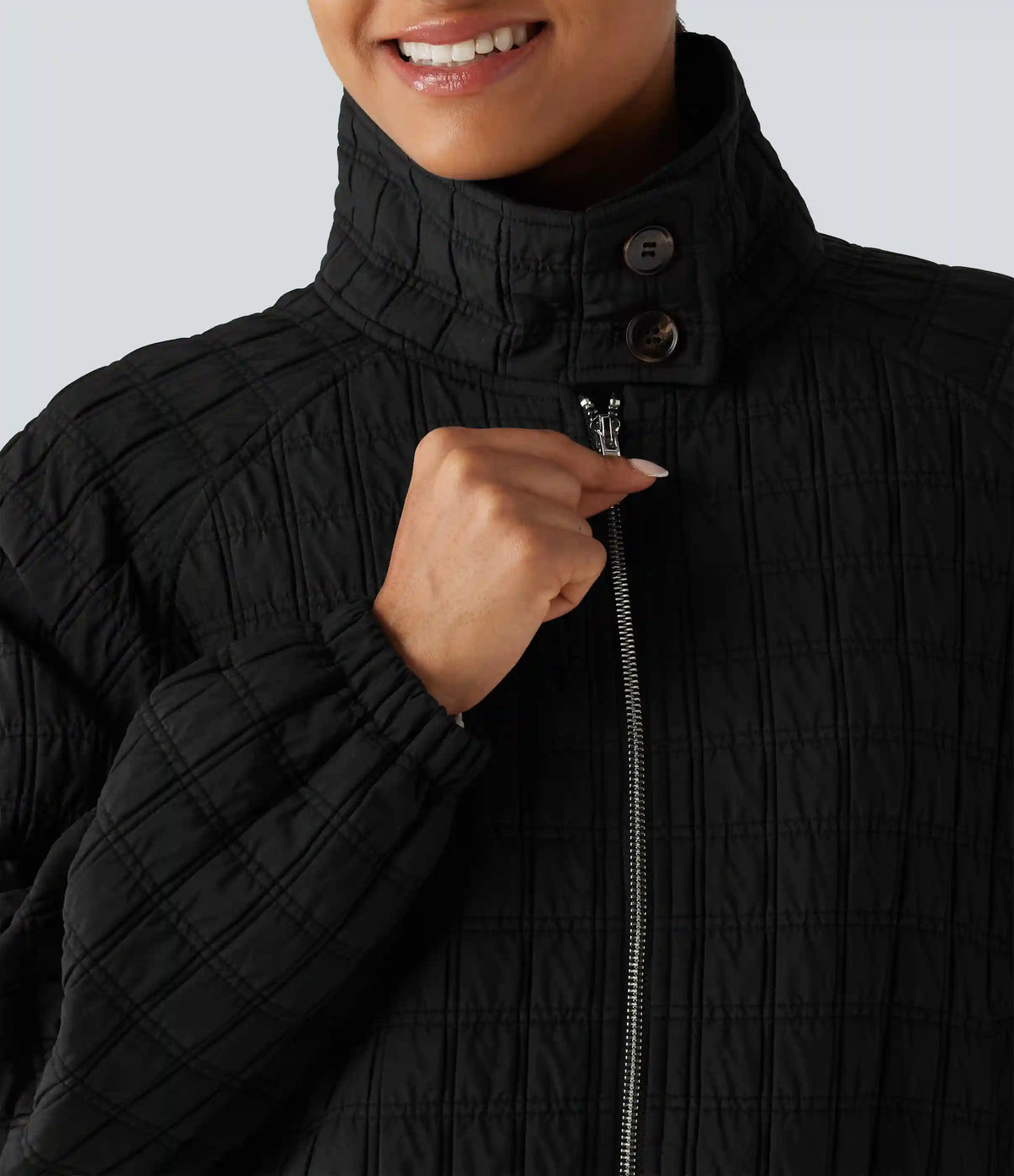 Stand Collar Long Sleeve Quilted Casual Jacket with Pockets