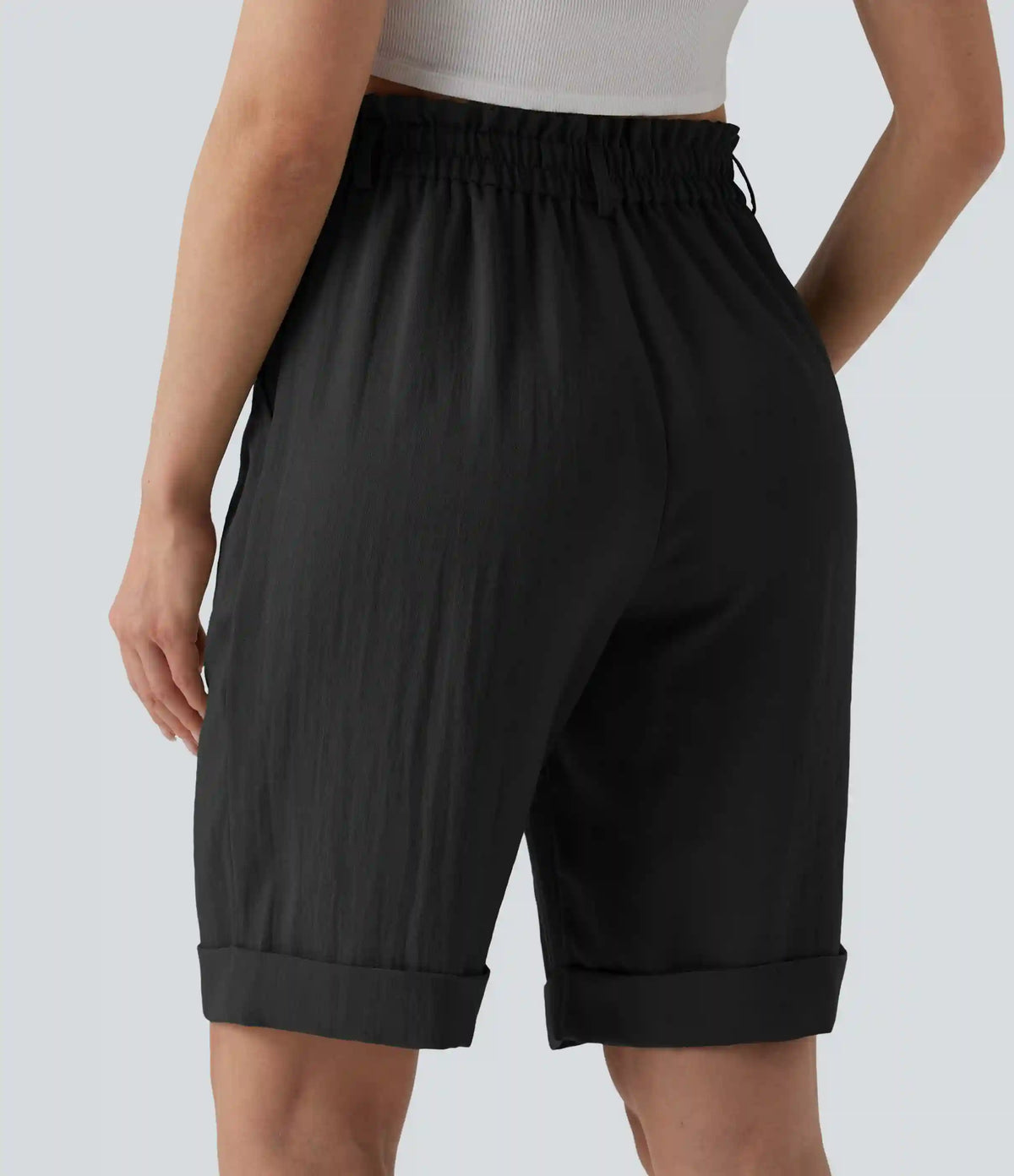 High Waisted Rolled Hem Linen-Feel Resort Bermuda Shorts 10'' with Pockets