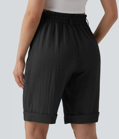 High Waisted Rolled Hem Linen-Feel Resort Bermuda Shorts 10'' with Pockets