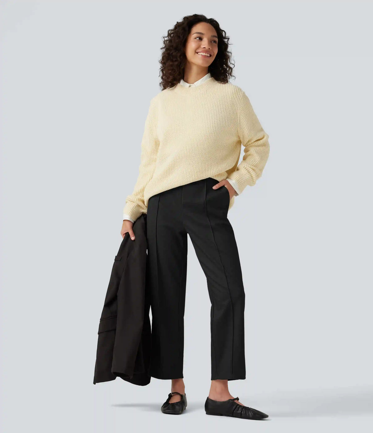 High Waisted Pintuck Tapered Work Pants with Pockets