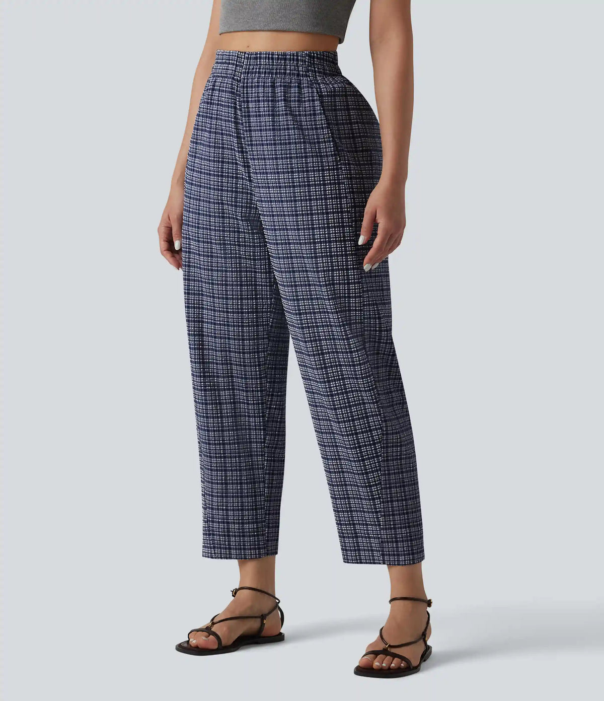 High Waisted Crinkle Plaid Casual Pants with Pockets