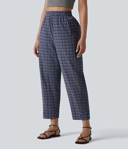 High Waisted Crinkle Plaid Casual Pants with Pockets