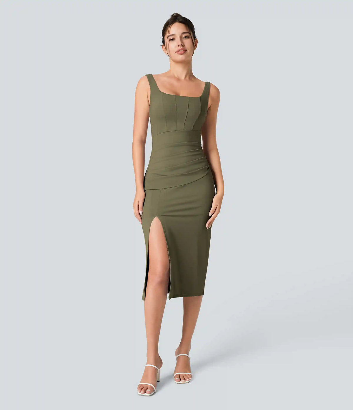 SoftlyZero™ Airy Square Neck Backless Corset Ruched Split Bodycon Midi InstantCool Bridesmaid and Wedding Guest Dress
