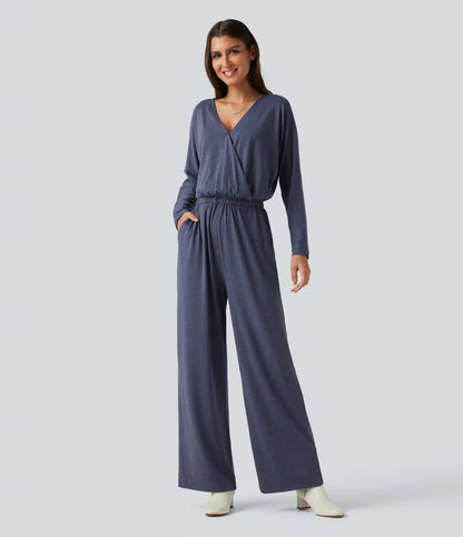 V Neck Long Sleeve Work Jumpsuit with Pockets