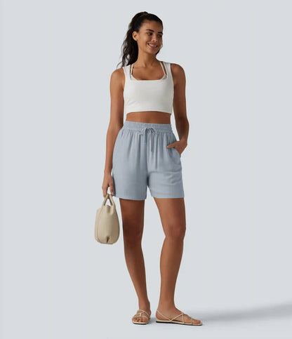 High Waisted Drawstring Casual Linen-Blend Baggy Shorts 5'' with Pockets
