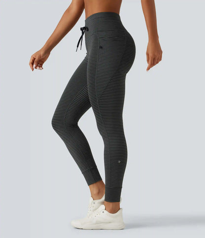High Waisted Butt Lifting Drawstring Stripe Yoga Leggings with Pockets