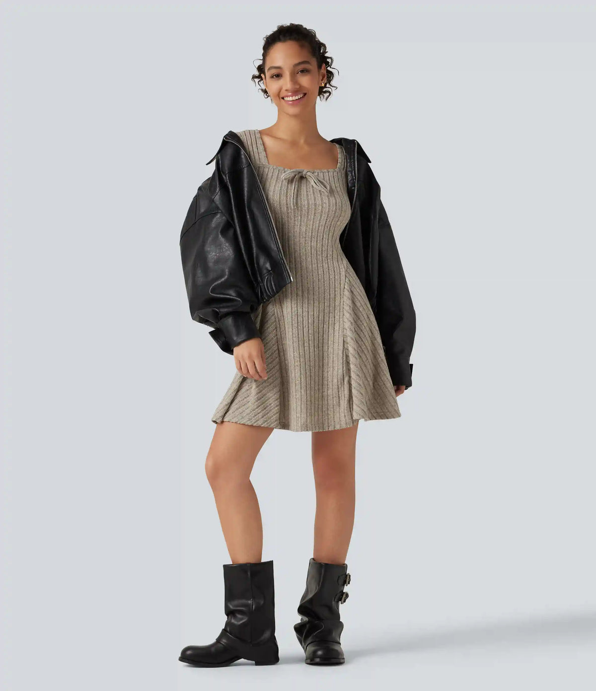 Ribbed Knit Square Neck Flounce Long Sleeve Decorative Knot Flare Mini Casual Dress