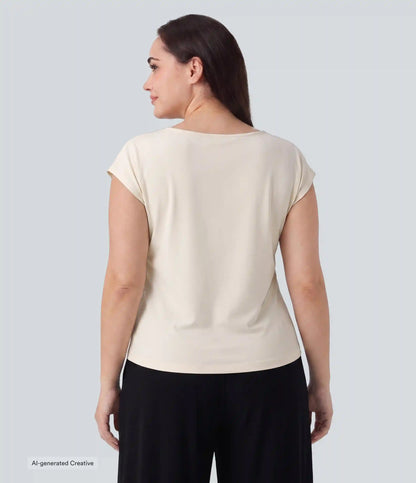 Plus Size Asymmetric Cowl Neck Short Sleeve Ruched Split Hem Work Blouse