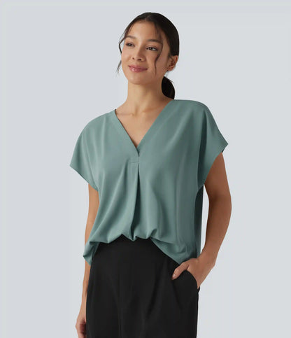 Wrinkle Recovery V-neck Short Sleeve Oversized Work Blouse