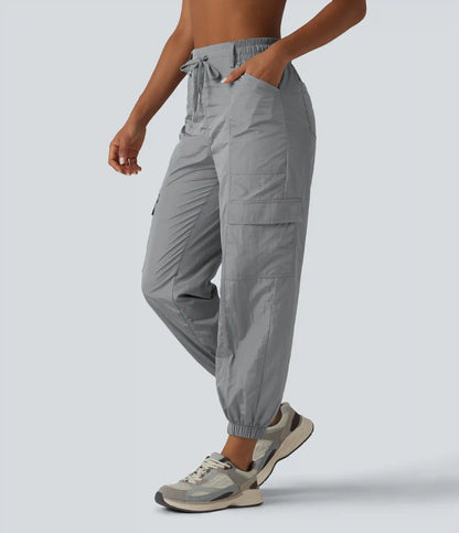 High Waisted Drawstring Tapered Workout Cargo Joggers with Pockets