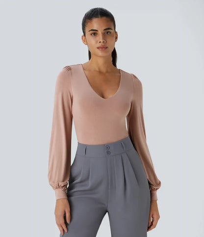 V Neck Long Sleeve Work Bodysuit