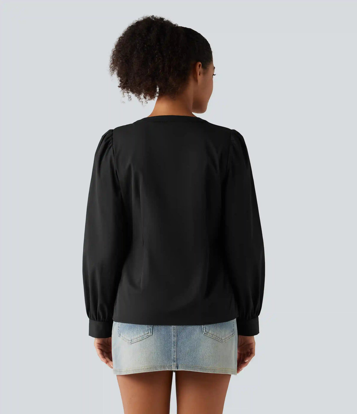 Henley Neck Puff Long Sleeve Casual Blouse