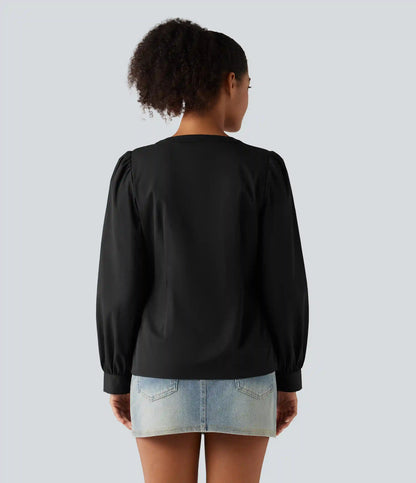 Henley Neck Puff Long Sleeve Casual Blouse