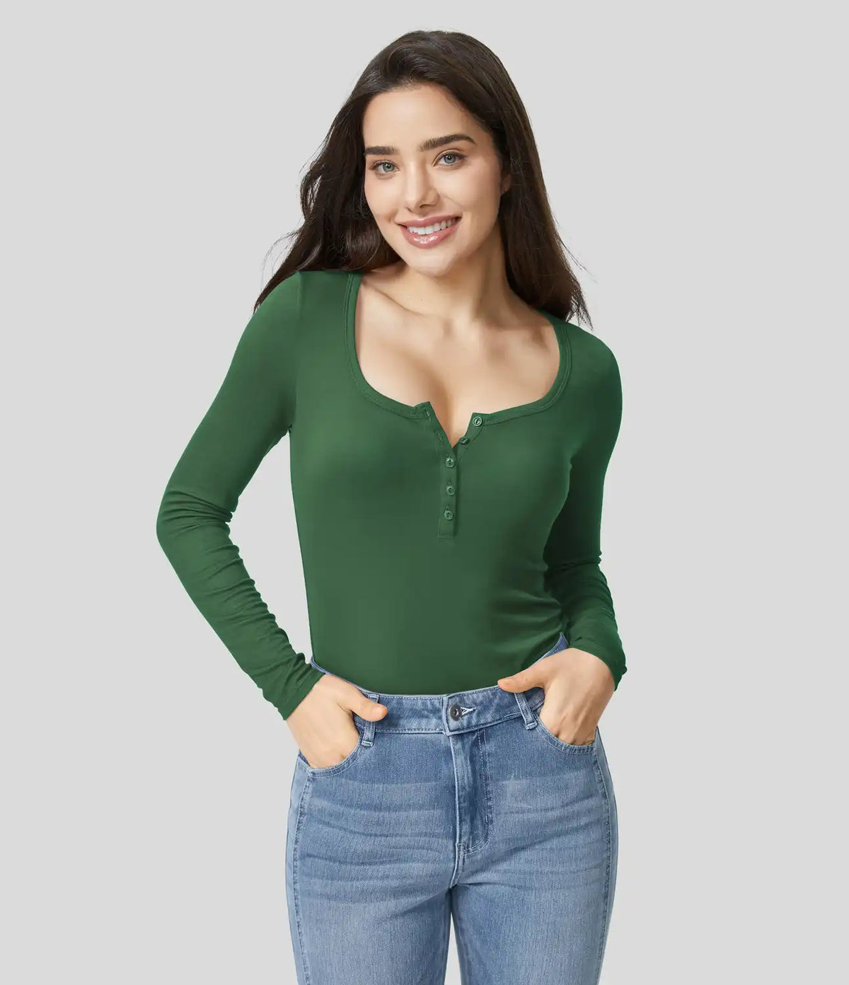 Ribbed Henley Neck Long Sleeve Slim Casual T-Shirt