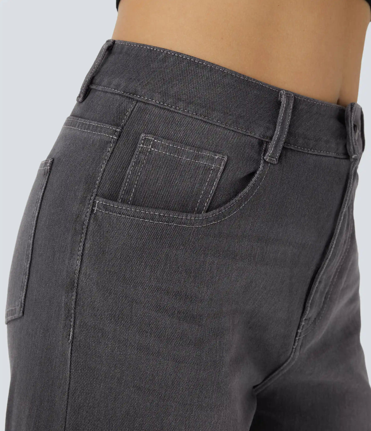 Halara Flex™ High Waisted Pockets Rolled Hem Wide Leg Washed Casual Jeans