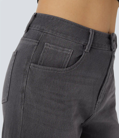 Halara Flex™ High Waisted Pockets Rolled Hem Wide Leg Washed Casual Jeans