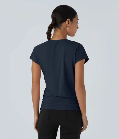 V Neck Cap Sleeve Crossover Ruched Solid Work Blouse