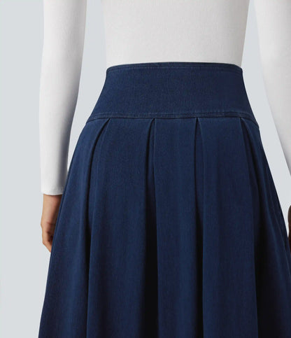 Halara Flex™ High Waisted Tummy Control Pleated Midi Casual Denim Skirt with Pockets