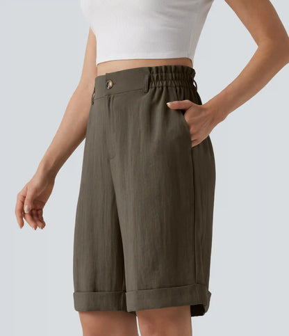 High Waisted Rolled Hem Linen-Feel Resort Bermuda Shorts 10'' with Pockets