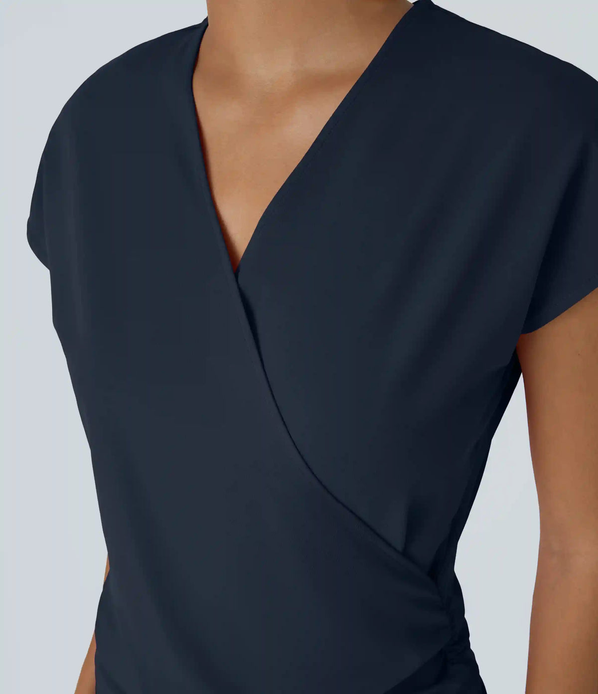 V Neck Cap Sleeve Crossover Ruched Solid Work Blouse