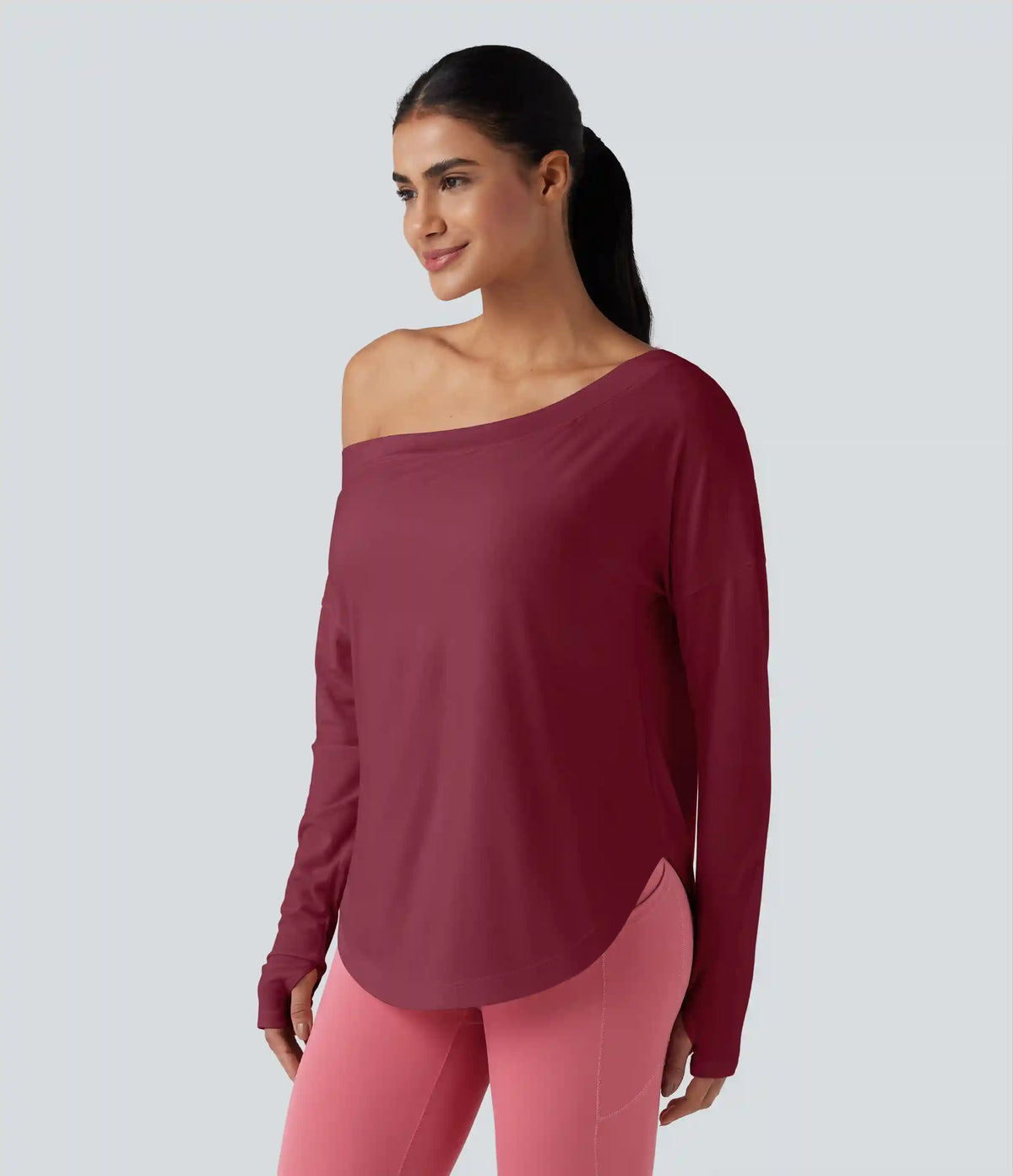 One Shoulder Long Sleeve Thumb Hole Curved Hem High Low Quick Dry Yoga Sports Top-Built-in Bra