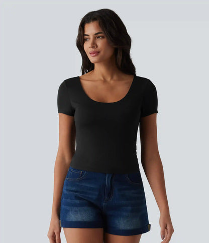 U Neck Short Sleeve Built-in Bra Contrast Lace Tie Back Casual T-Shirt