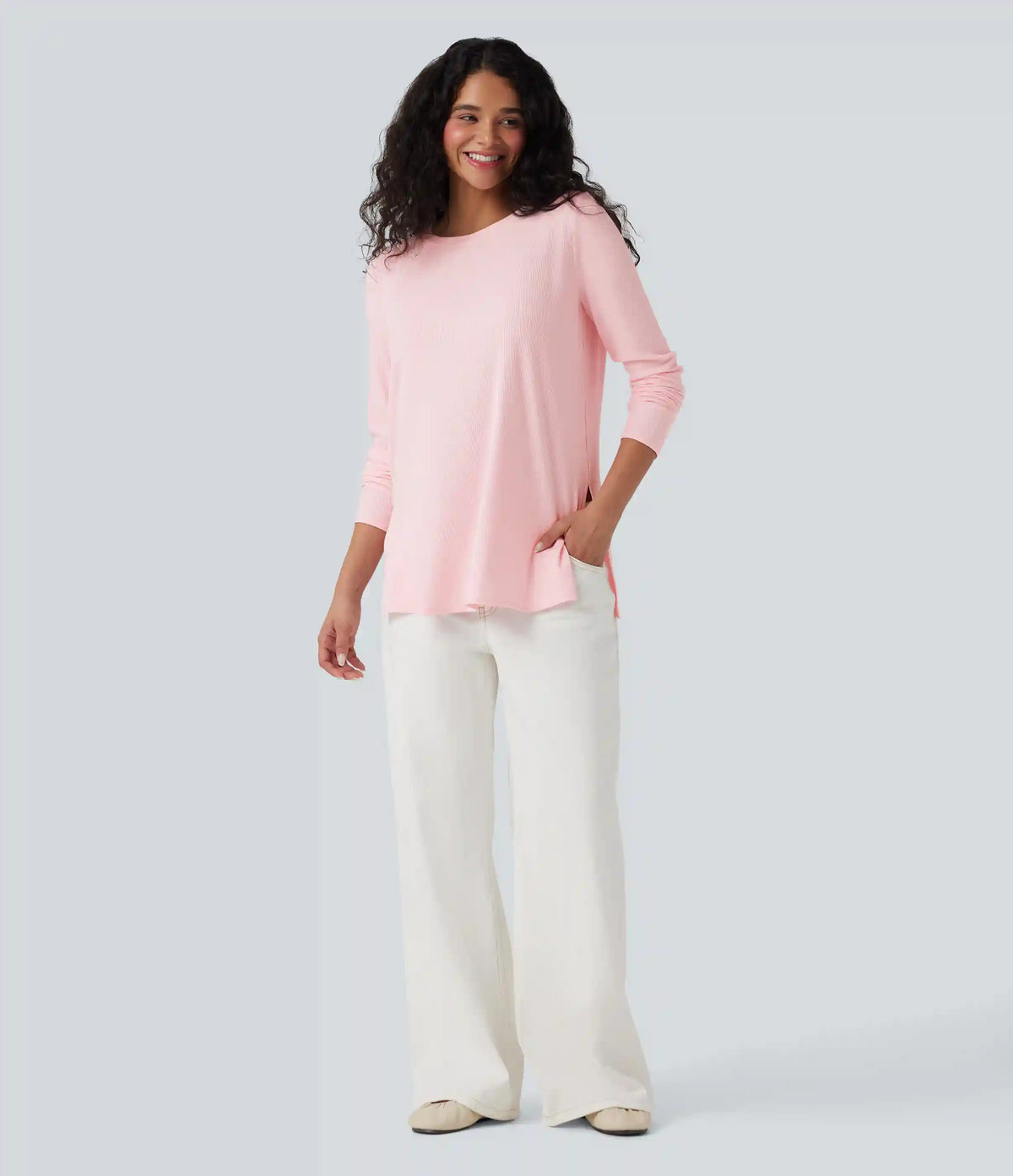 Ribbed Knit Long Sleeve Split Hem Casual T-Shirt