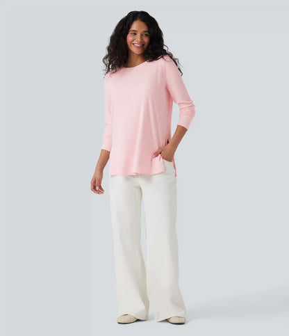 Ribbed Knit Long Sleeve Split Hem Casual T-Shirt