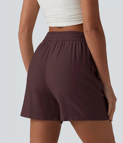 High Waisted Drawstring Casual Linen-Blend Baggy Shorts 5'' with Pockets