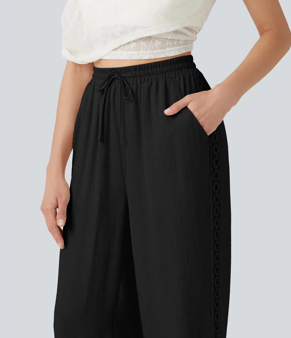 High Waisted Drawstring Casual Linen-Feel Pants with Pockets