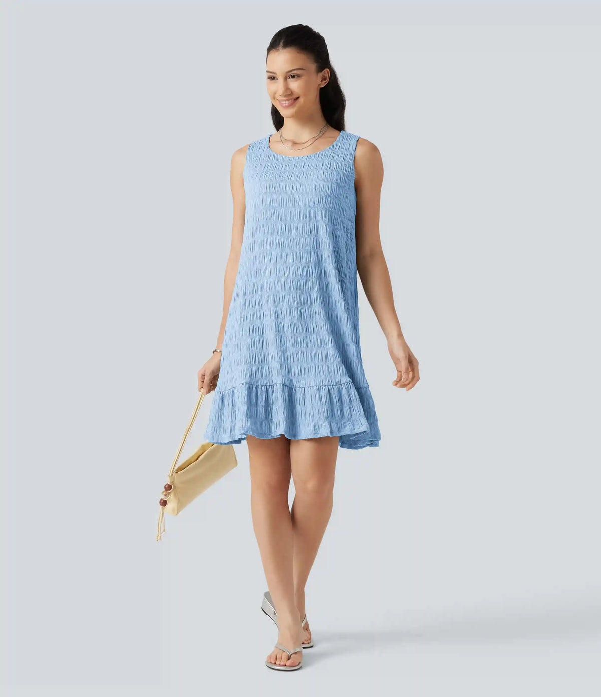 Round Neck Built-in Bra Sleeveless Ruffle Hem Mini Casual Dress DD-F Cups
