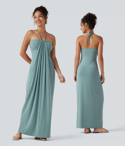 Halter Tie Back Built-in Bra Maxi Dress with Pockets