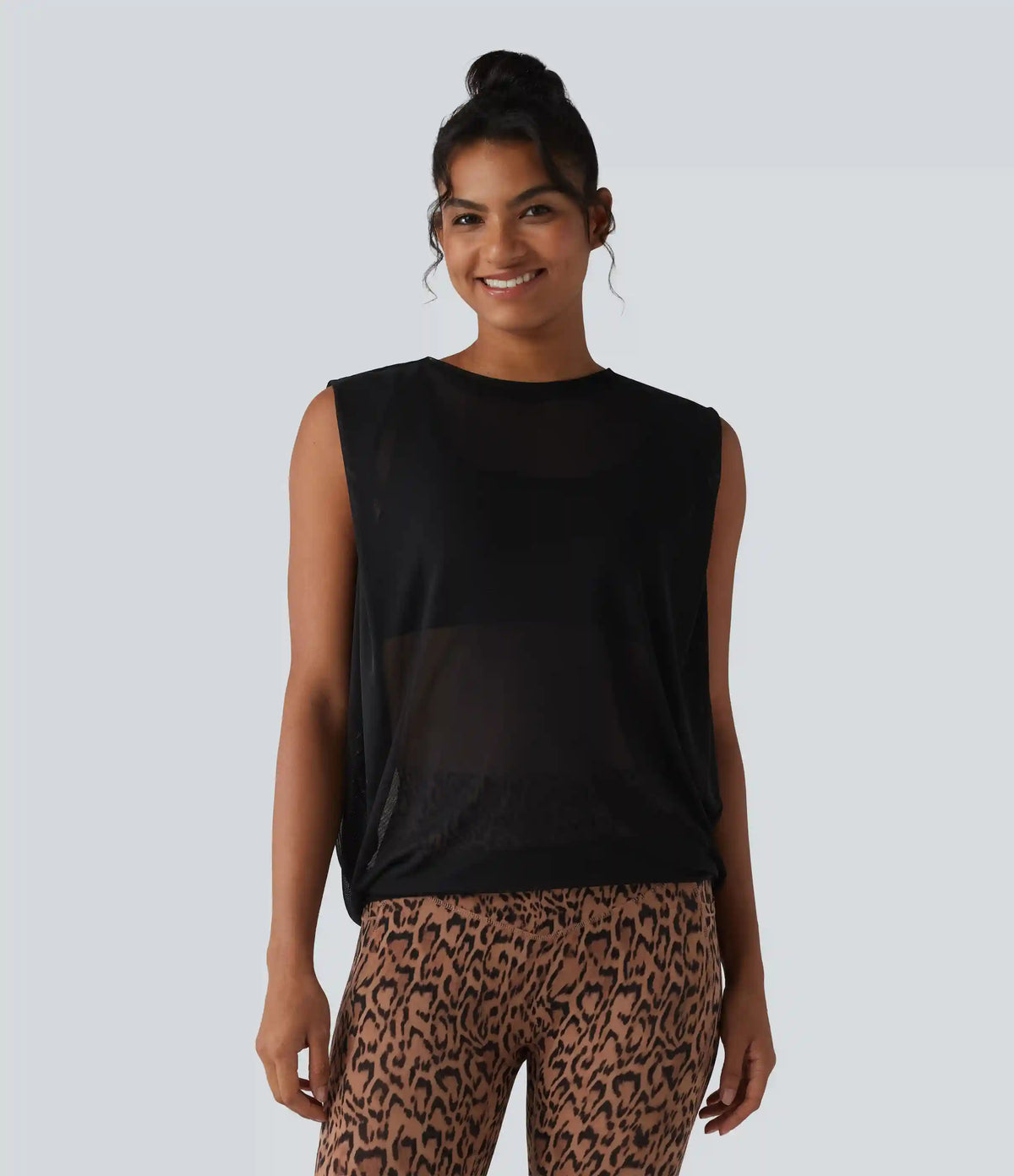 Sheer Mesh Round Neck Ruched Running Tank Top