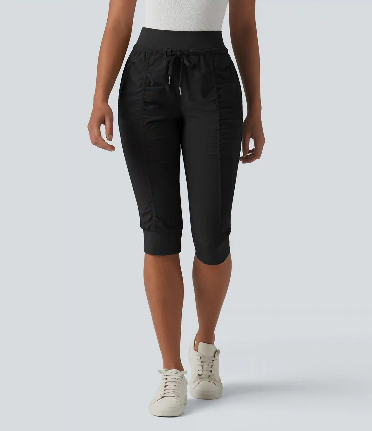High Waisted Drawstring Tapered Travel Pedal Pushers Joggers with Zip Pockets