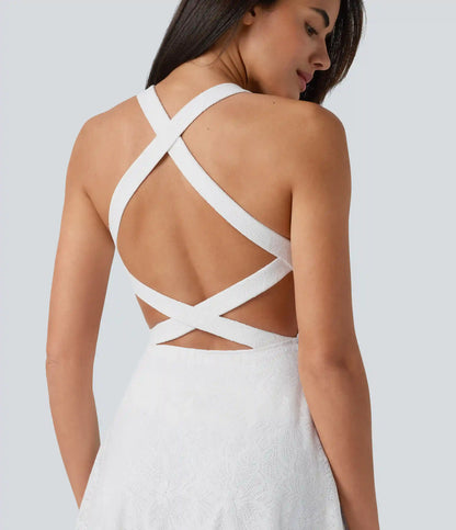 SoftlyZero™ QuickDry Built-in Bra Contrast Lace 2-in-1 Flare Mini Yoga Active Dress with Pockets-Easy Peezy Edition