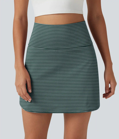 Ultra High-Waist Tummy Control Curved Hem 2-in-1 Stripes Golf Mini Skirt with Pockets