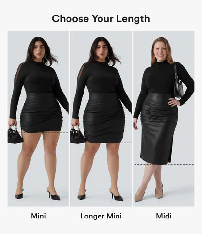 High Waisted Tummy Control Ruched Curved Hem 2-in-1 Fleece PU Mini Bodycon Party Plus Size Skirt