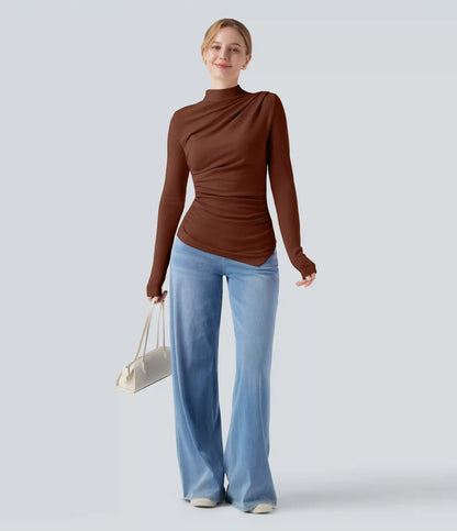 Mock-neck Long Sleeve Ruched Asymmetric Hem Thermal Casual Top