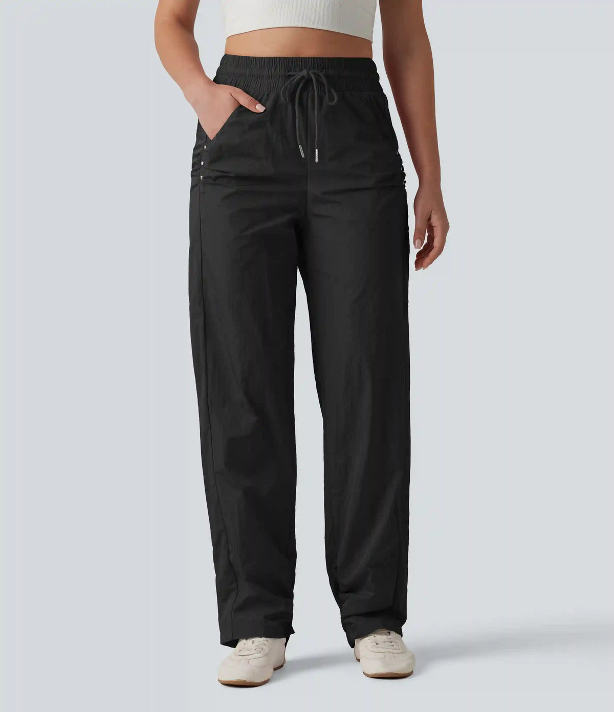 High Waisted Drawstring Studded Straight Leg Casual Pants with Pockets