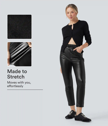 High Waisted Drawstring Stretchy PU Fleece 7/8 Casual Tapered Pants with Pockets