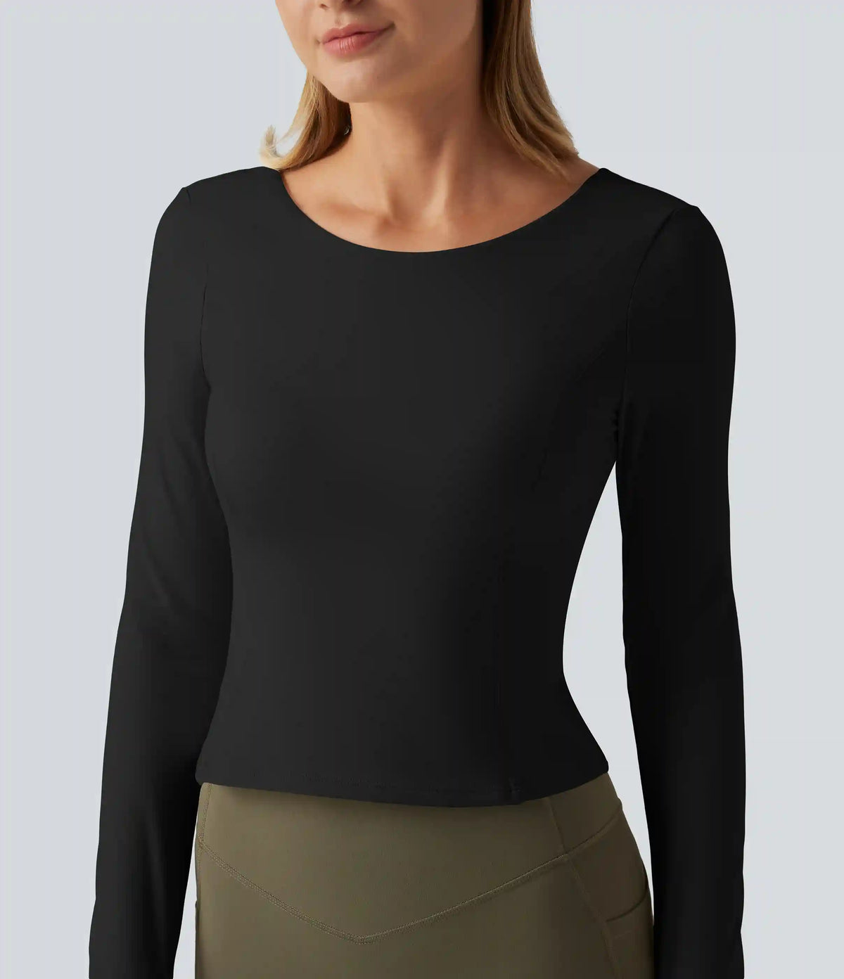 SoftlyZero™ Plush Round Neck Thumb Hole Long Sleeve Yoga Sports Top with Built-in Bra