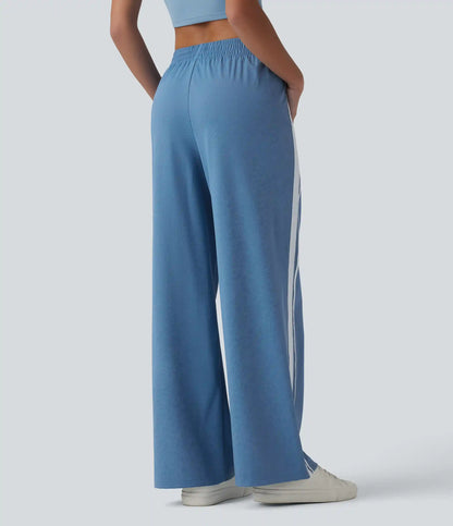 Mid Rise Color Block Stripes Quick Dry Casual Straight Leg Pants with Pockets-UPF40+