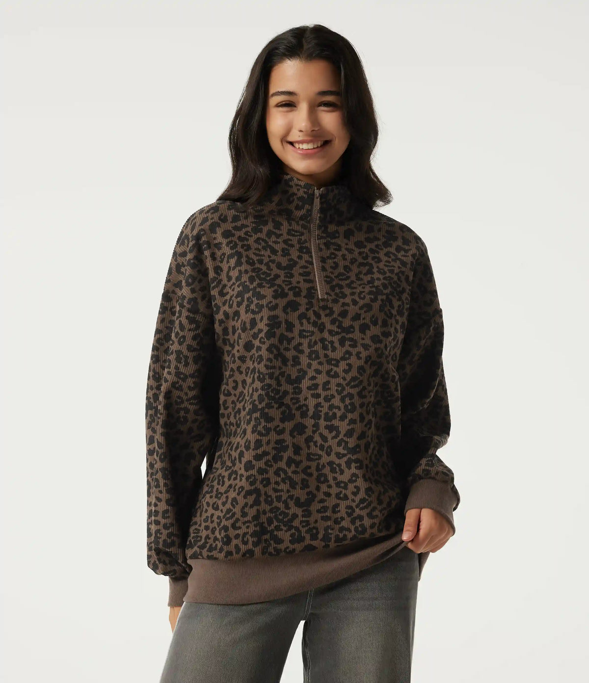 Stand Collar Long Sleeve Leopard Print Casual Top